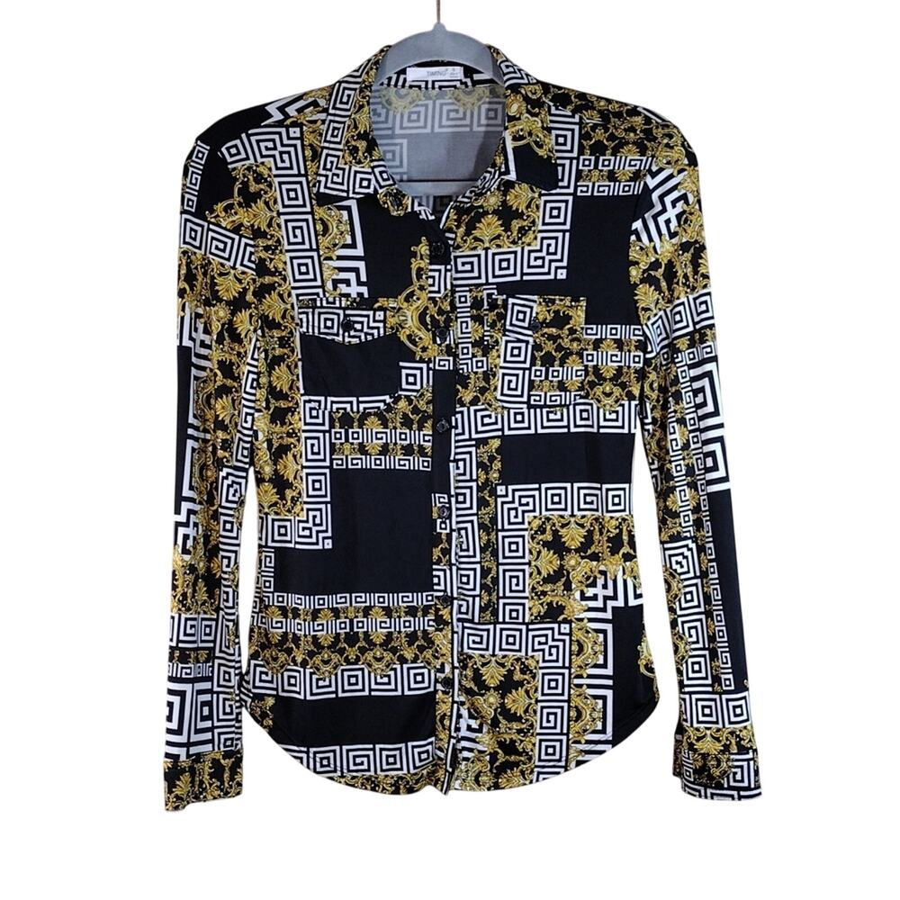 Timing Fashion Black White Gold Floral Flowy Button Formal Bold Blouse Shirt